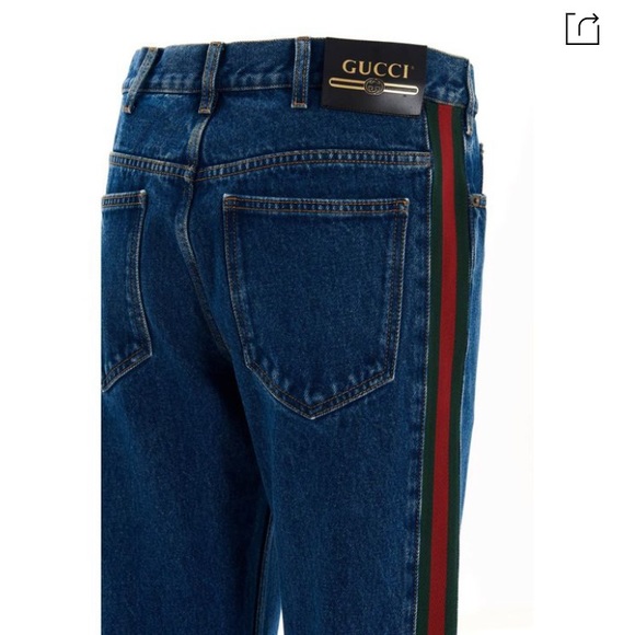 🇮🇹New Gucci Green Red Side Stripe Straight Leg Blue Jeans🇮🇹 - Picture 2 of 16